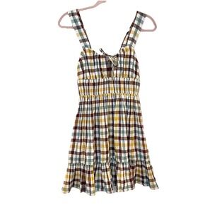 Roxy Paradise Breeze Checkered Plaid Milkmaid Smocked Mini Dress Brown Yellow S